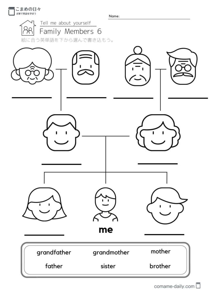 Family tree 下の枠から英単語を選んで書くプリント男の子　イメージ