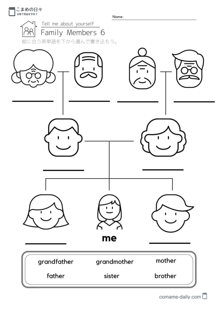 Family tree 下の枠から英単語を選んで書くプリント女の子　イメージ