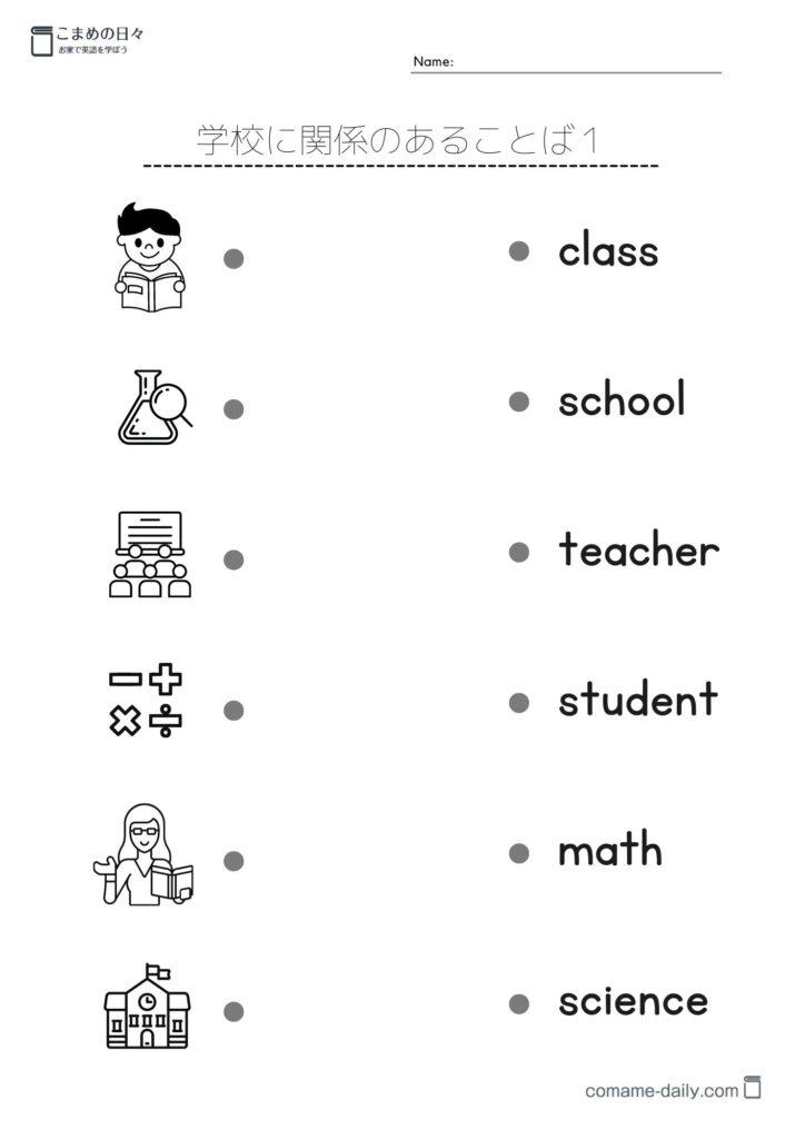 絵と英単語を線で繋いで学習するプリント(白黒)1