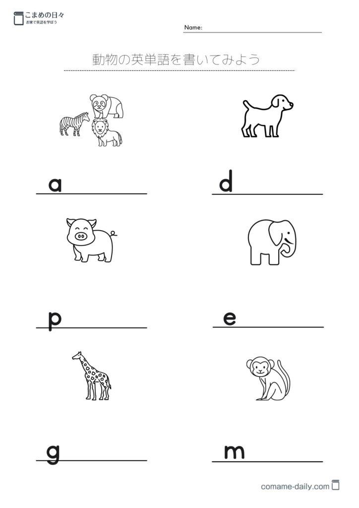絵に合う動物の英単語を頭文字をヒントに書く学習プリント